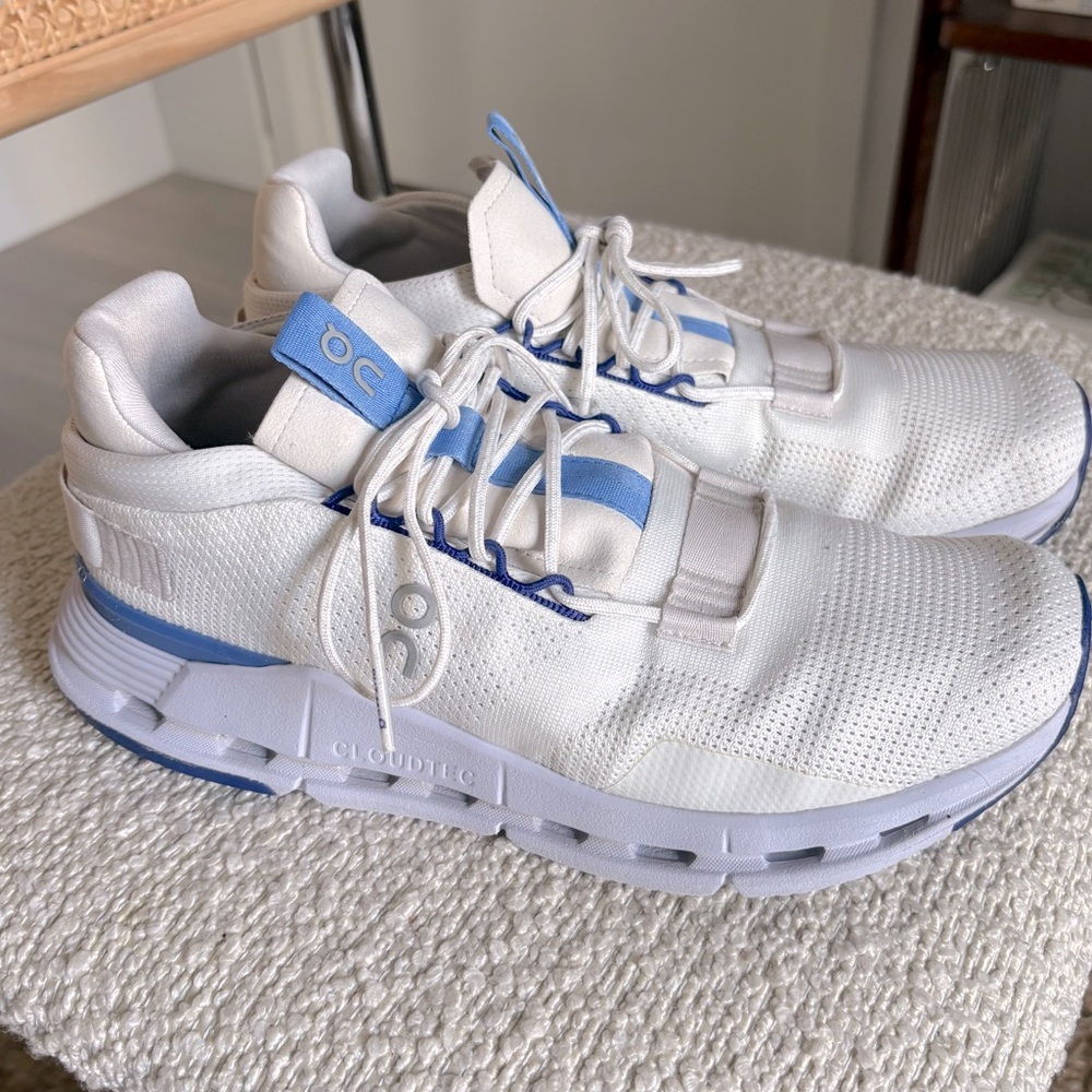 On Cloudnova Women’s White and Blue Shoe